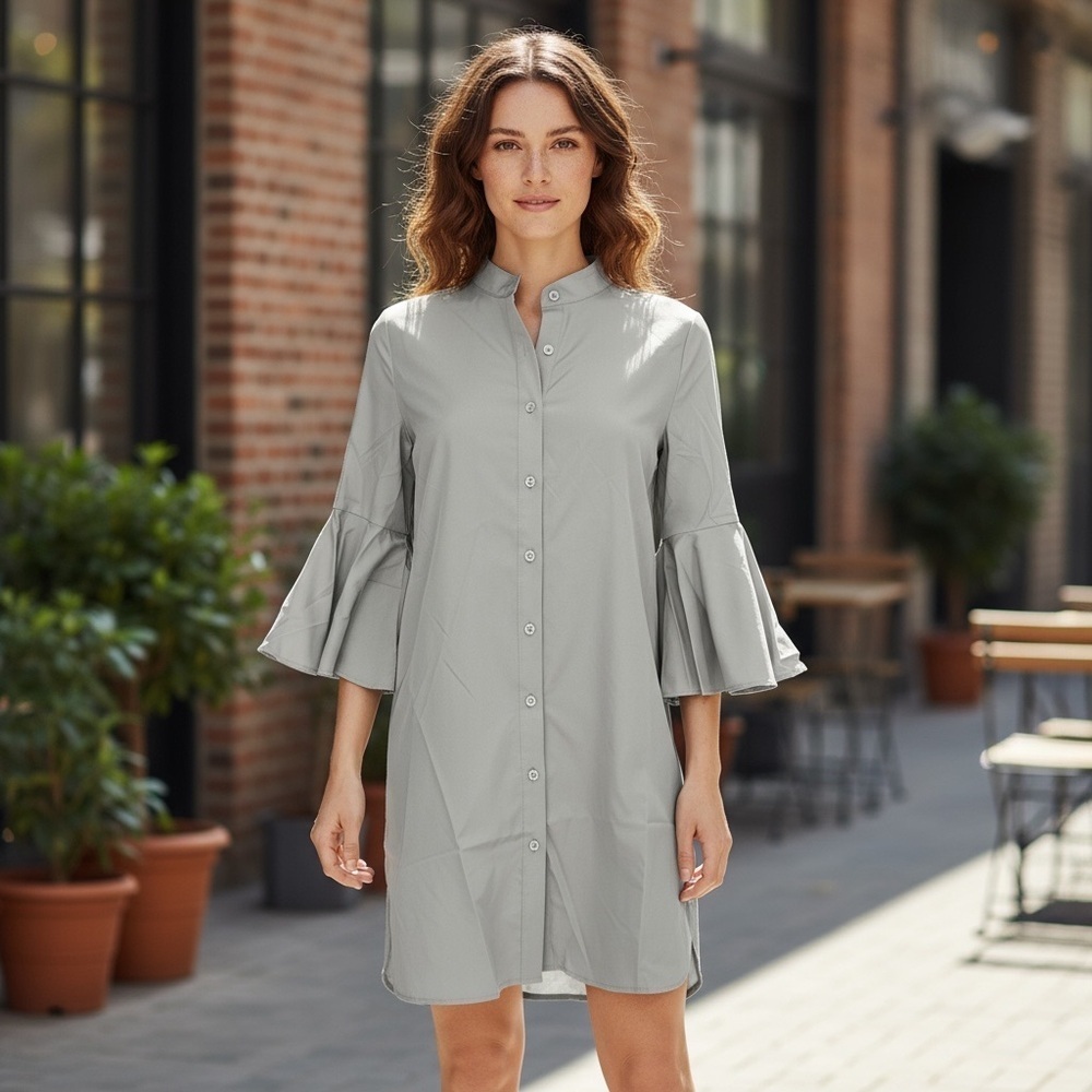 AMT Gray Flare Sleeve Button Down Shirt Dress
New